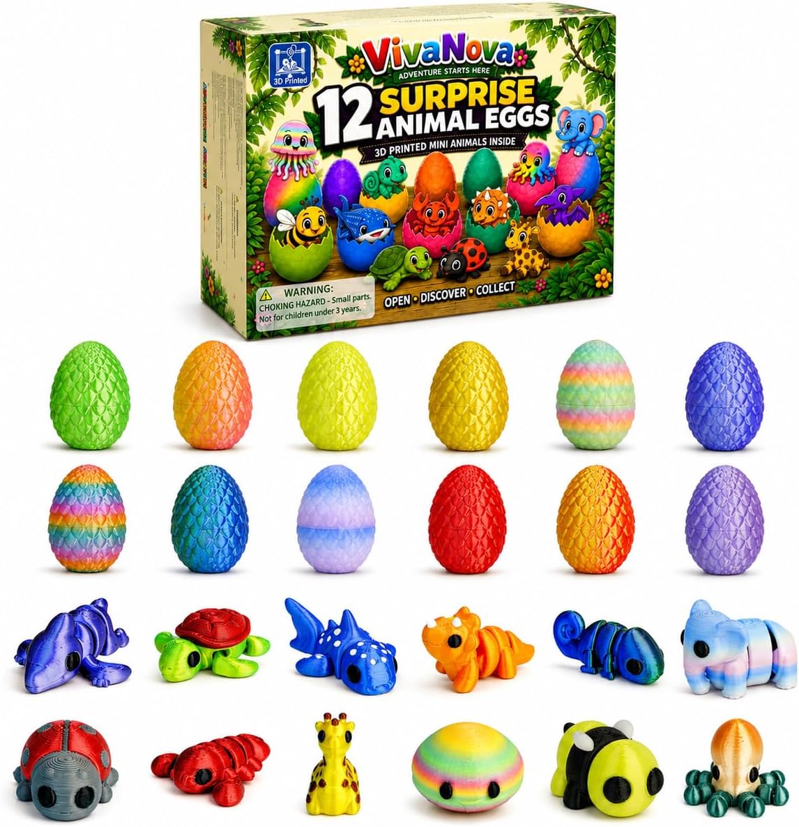 Colorful VivaNova mini animal figures, including a turtle, giraffe, ladybug, and octopus