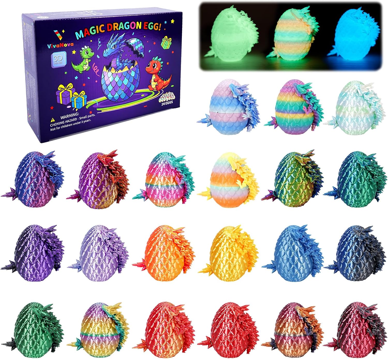 Three VivaNova eggs with dragons wrapped around their textured shells, in pastel, rainbow, and pearlescent colors